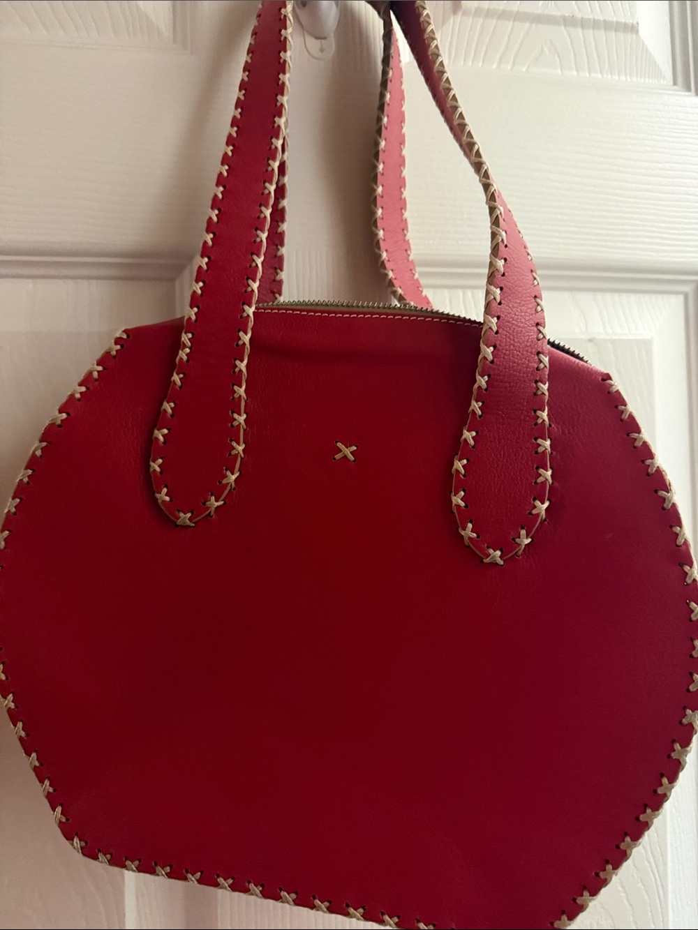Red Women's Round Shoulder Bag with Contrast Whipstitch